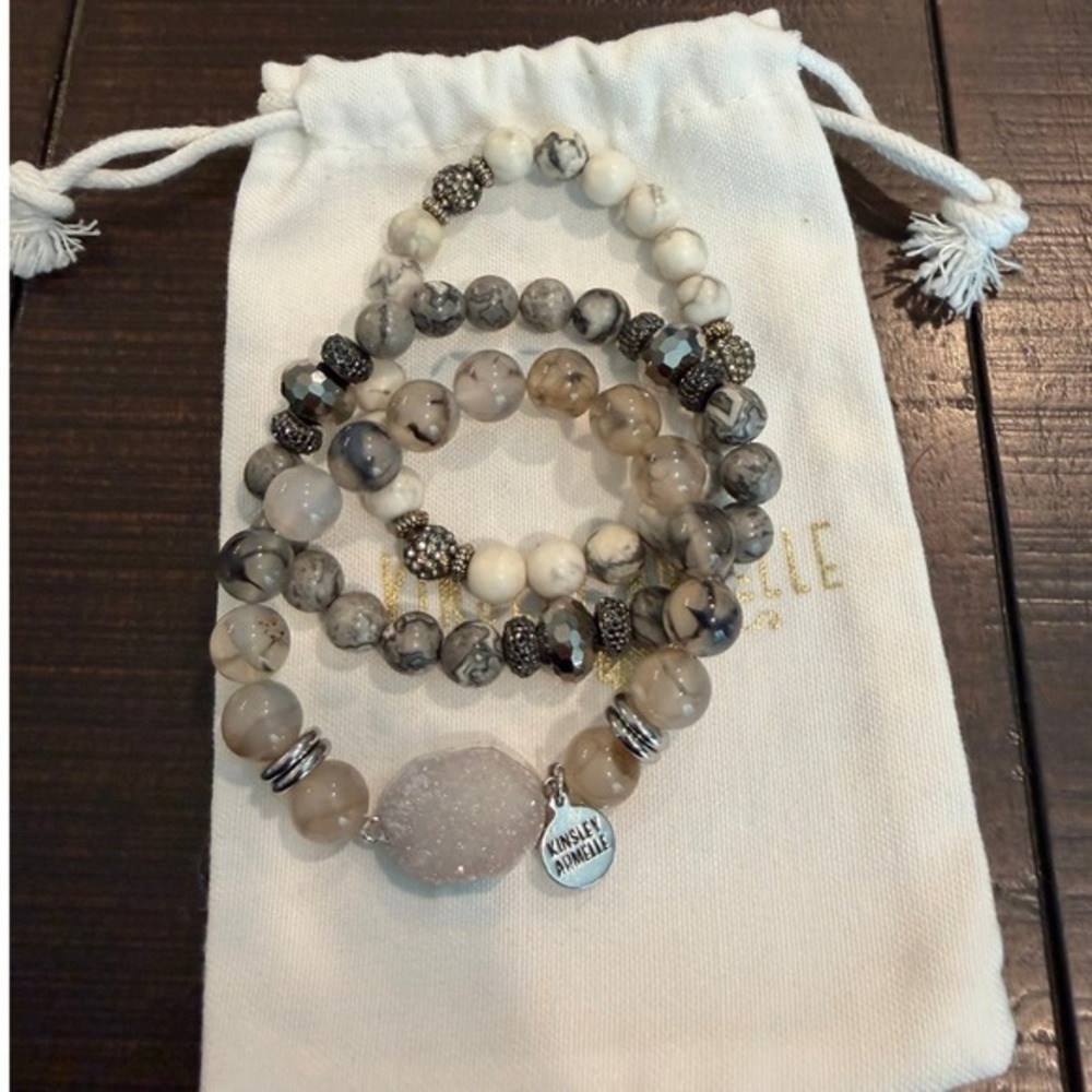 Kinsley Armelle Women Beaded Bracelet Stack 3pc White Grey Druzy Stone Set